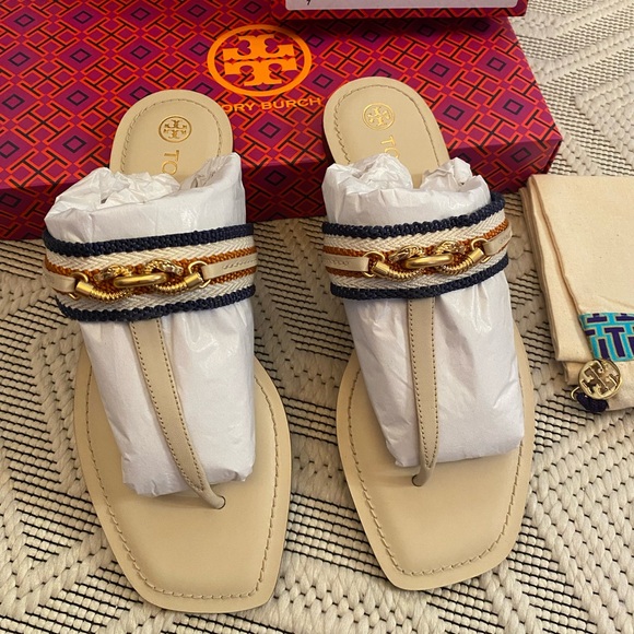 Tory Burch Jessa Thong Tan Sandals with Gold and Navy Details - Picture 1 of 6